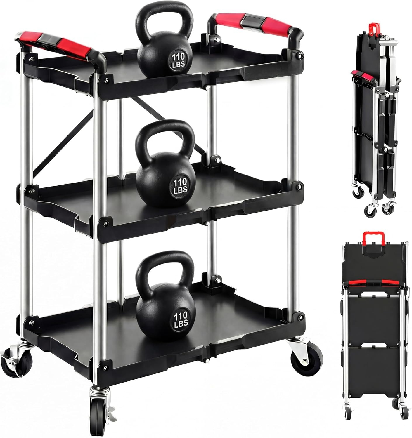Workshop Tools Shelf - 3-laags opvouwbare rollende werkplaatswagen, 330 lbs,